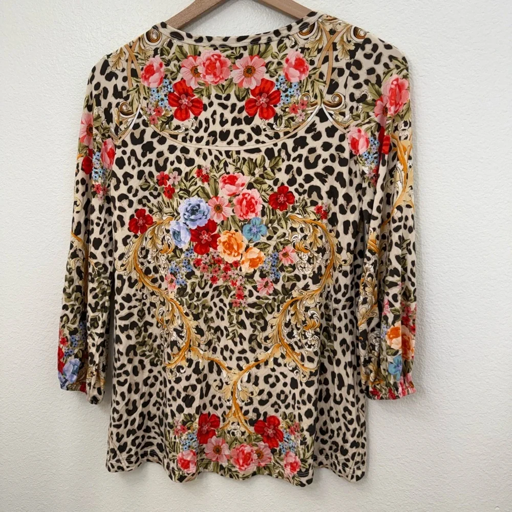 Johnny Was Leopard Floral Tunic Top Bamboo Viscose Puff Sleeve Boho XXS
